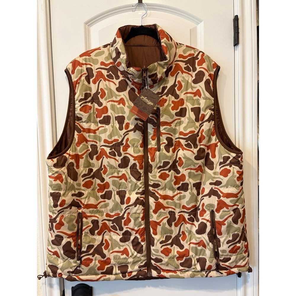 Anloga Reversible Puffer Vest 2XL Camo Brown Zip Up Outdoor Hunting Longhorns